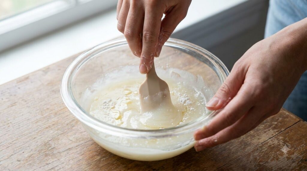 A woman s hands mixing the melted Vaseline baby oil and white powder in a small bowl with a spatula or spoon showing a s