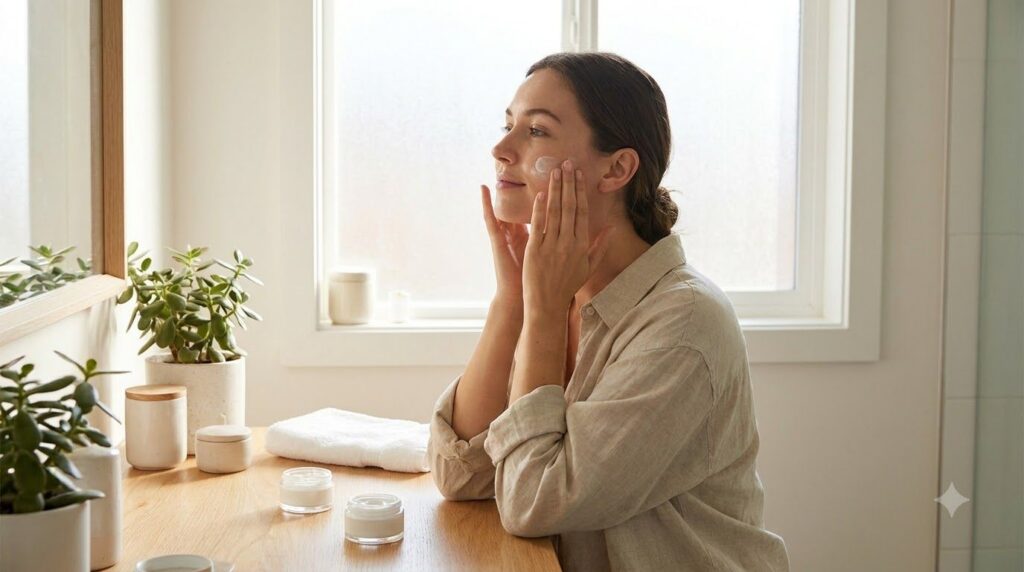A woman gently massaging a cream into her face with a soft radiant glow in a brightly lit clean bathroom setting