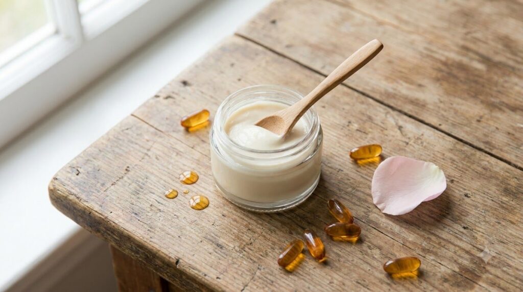 A small glass jar filled with a creamy homemade face cream surrounded by natural ingredients like almond oil vitamin E c