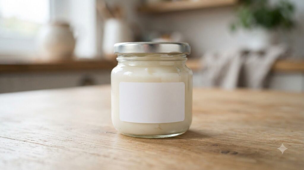 Close-up of a small clean airtight container with a perfectly mixed Vaseline and Vitamin E cream inside ready for use