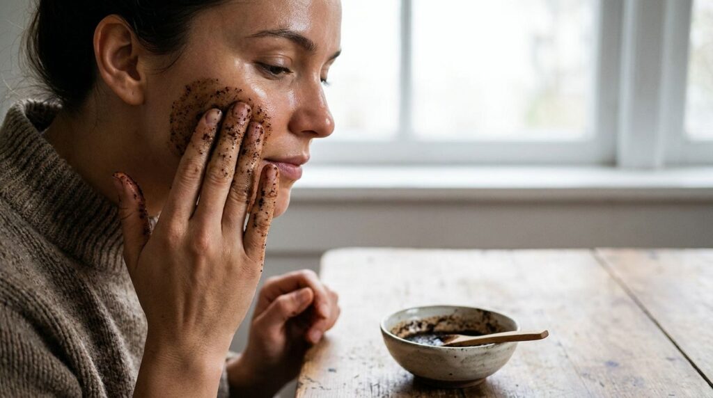 Close-up of a person applying a coffee face mask to their face