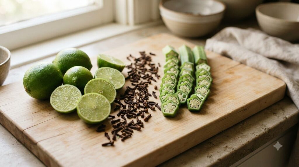 A close-up shot of the three main ingredients fresh green limes sliced okra pods and whole brown cloves artfully arrange