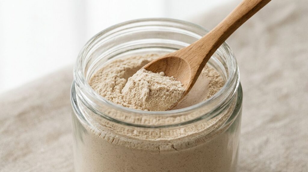A close-up of a glass jar filled with a light-colored beauty powder with a small wooden spoon dipped into it ready to be