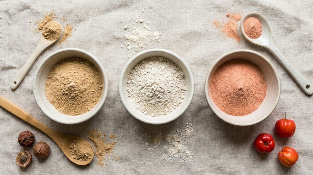 A flat lay of three small bowls each containing a different natural powder Amla powder light brown food-grade diatomaceo