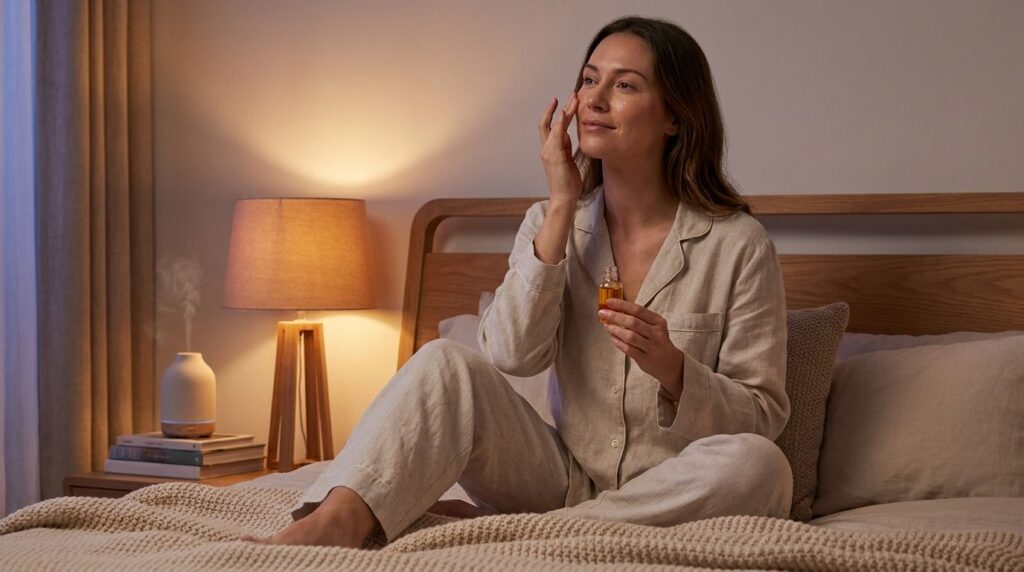 A woman gently massaging a few drops of homemade oil onto her face before bedtime with soft ambient lighting