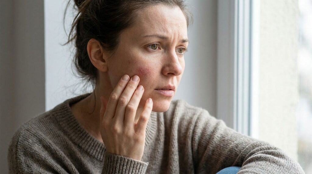 A woman with a red irritated patch on her cheek or forehead looking concerned and touching her face The skin should show