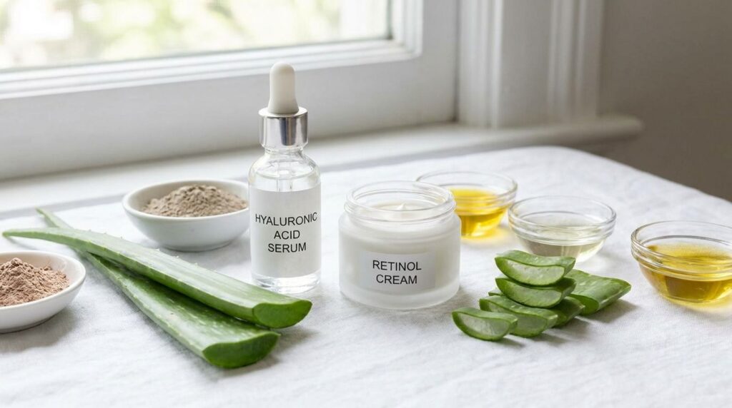 A selection of safe skincare ingredients like a dropper bottle of hyaluronic acid serum a jar of cream with retinol and 
