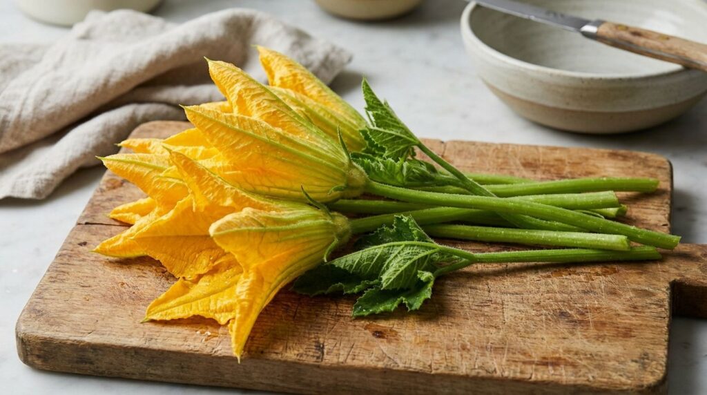 Close-up of fresh vibrant yellow pumpkin flowers with green stems arranged neatly on a wooden cutting board ready for pr