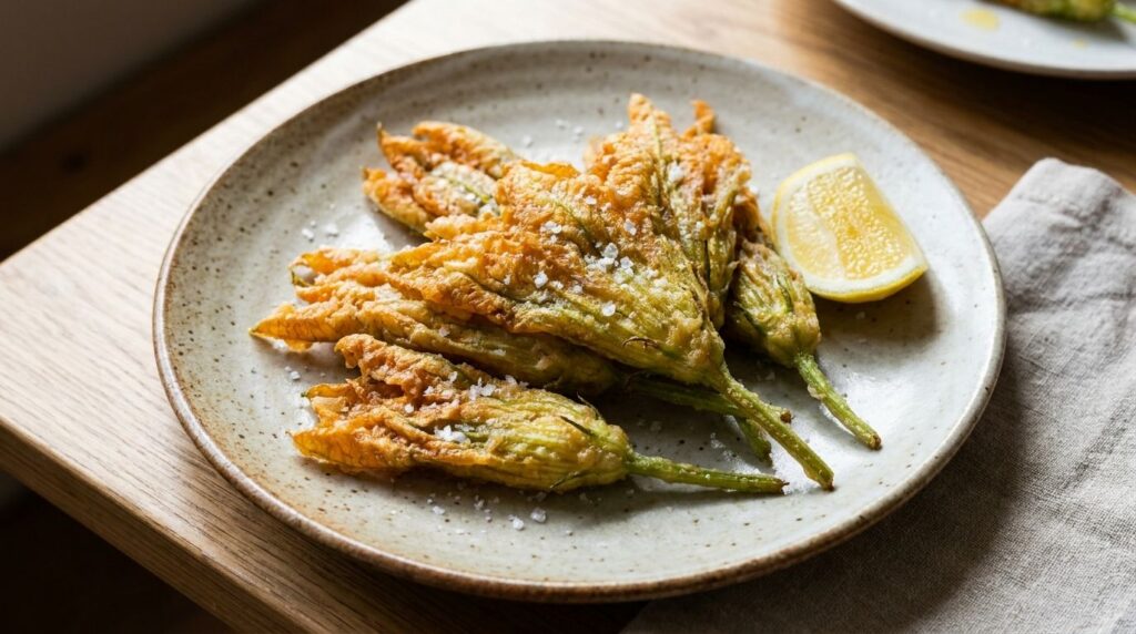A plate of crispy golden pan-fried pumpkin flowers lightly dusted with salt served with a lemon wedge The flowers are ar