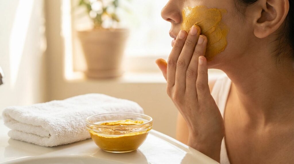 A person s hand applying a yellow turmeric face mask on their cheek with a small bowl of the mask mixture and a clean to