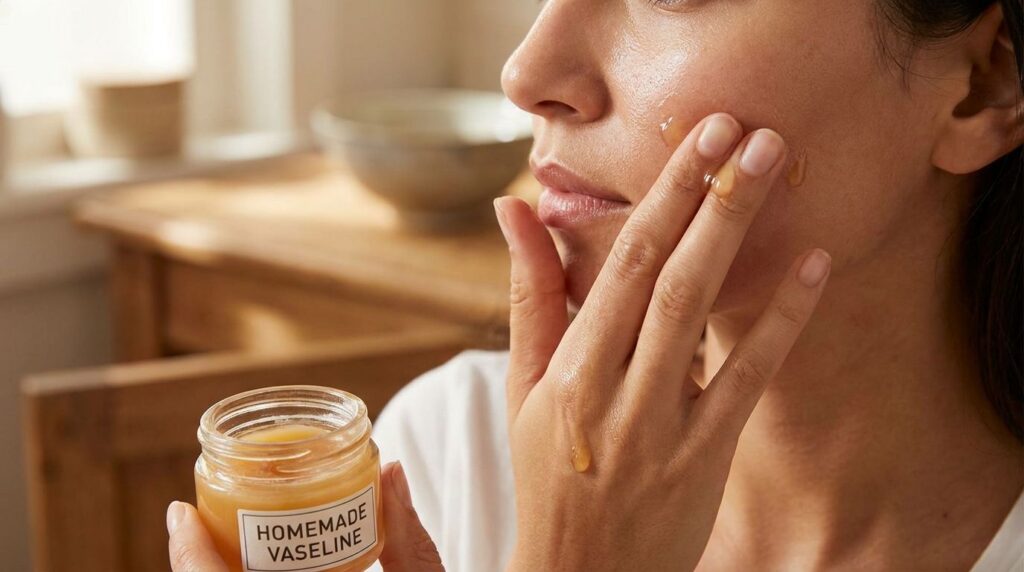 A woman s hand gently massaging the homemade Vaseline gel onto her cheek showing a subtle glow