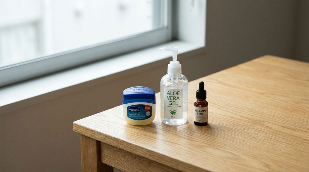 Individual ingredients for the DIY Vaseline collagen gel laid out a small jar of Vaseline a bottle of aloe vera gel and 