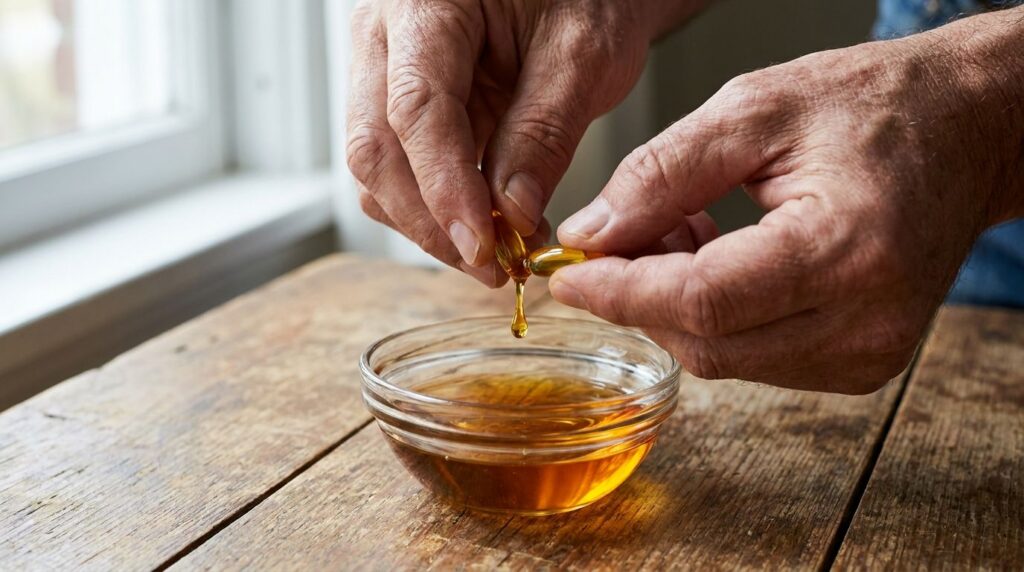 A person s hands gently squeezing the contents of a softgel capsule into a small bowl with castor oil ready to be mixed