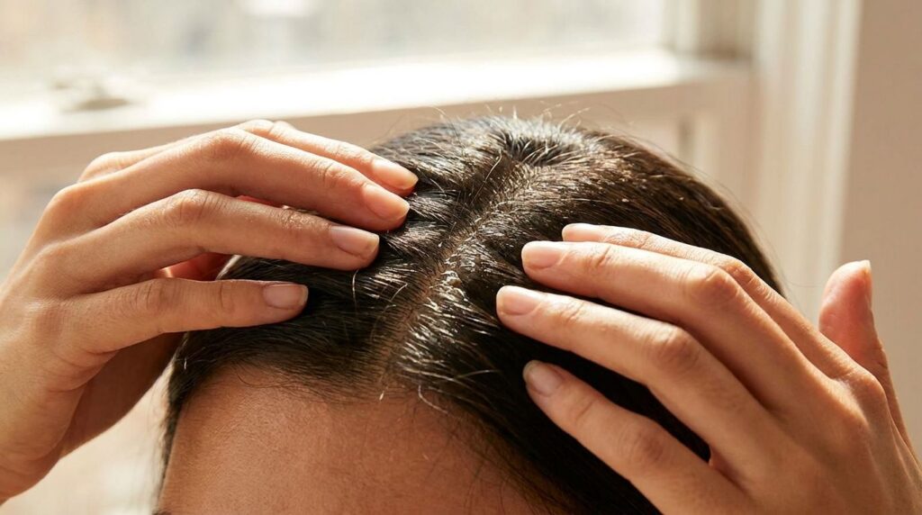 A close-up shot of hands gently massaging oil into a scalp focusing on hair roots