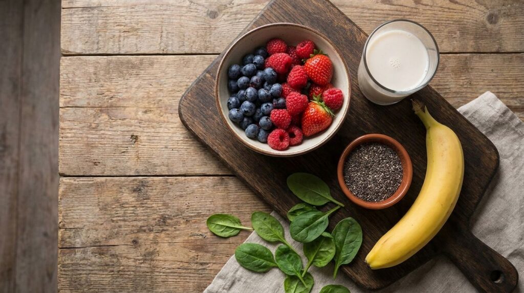 A flat lay image showing the five key ingredients for the cortisol reset smoothie mixed berries unsweetened almond milk 