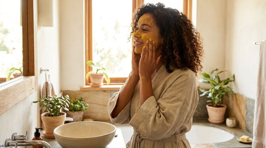 A woman gently massaging the golden turmeric and baby oil mixture onto her face smiling softly with glowing skin