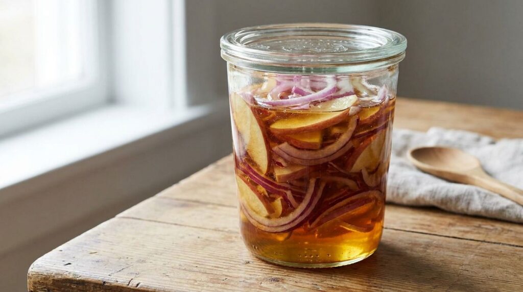 A clear glass jar filled with sliced red onions and apples fully submerged in golden honey sealed with a metal lid