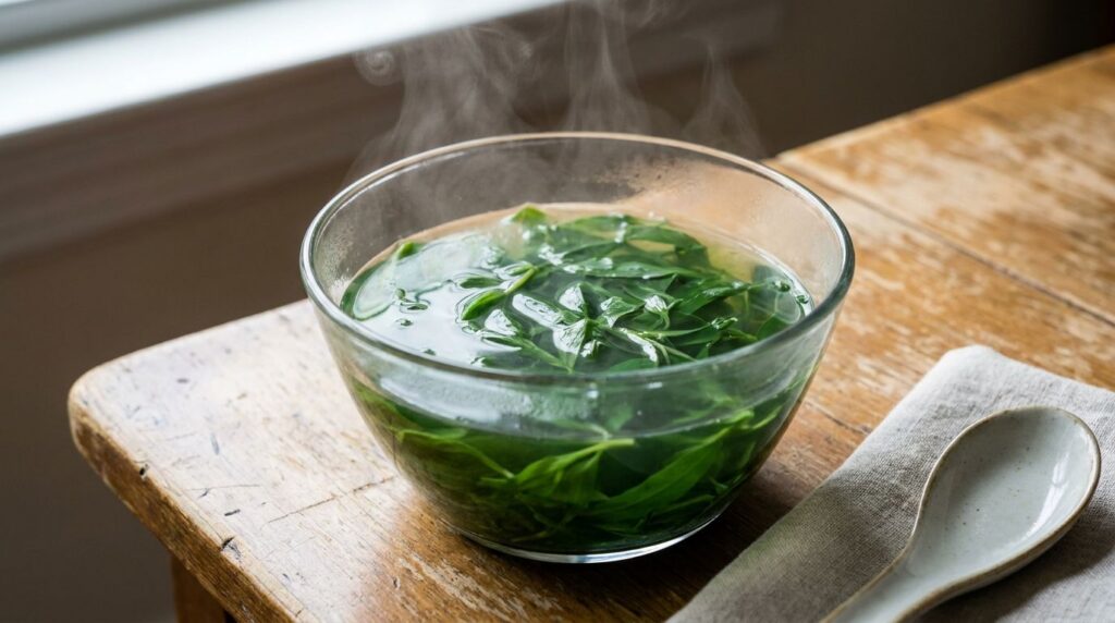 A clear glass bowl of vibrant green Asiatic Dayflower broth with cooked leaves ready to be eaten on a simple wooden tabl