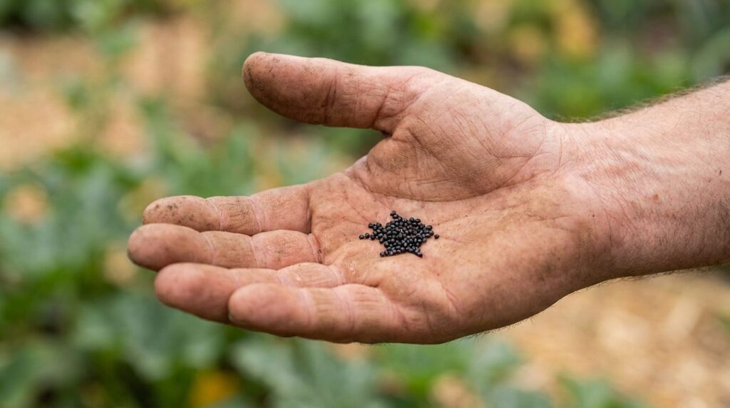 A small pile of dark glossy purslane seeds held in a cupped hand ready for preparation