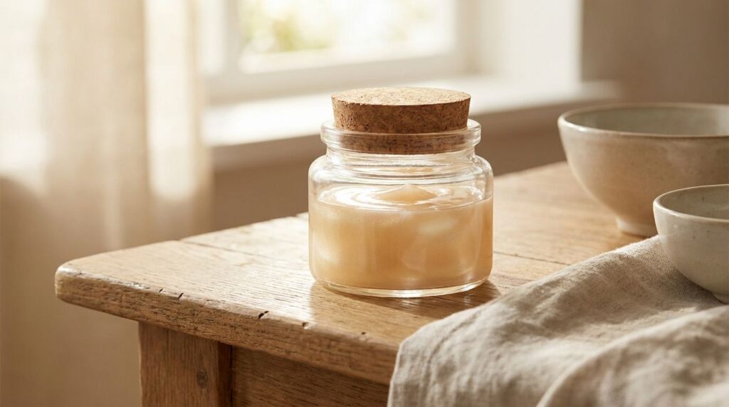 A small clear glass jar filled with a creamy luminous glow gel The gel has a smooth texture and appears slightly translu
