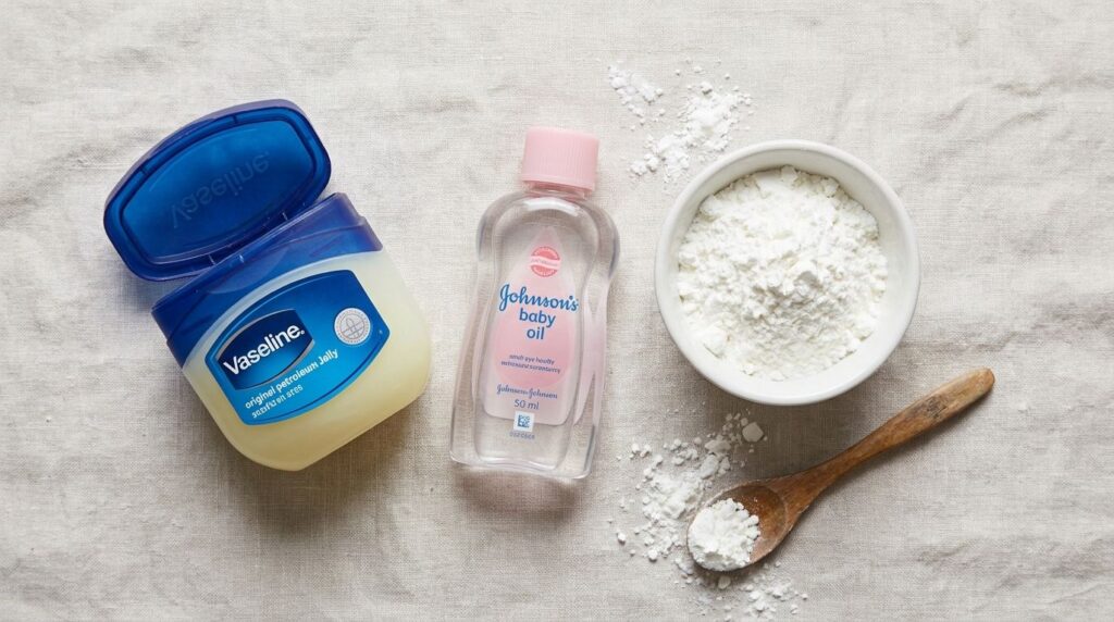Ingredients for the DIY night gel a jar of Vaseline a bottle of baby oil and a small bowl of cornstarch ready for mixing