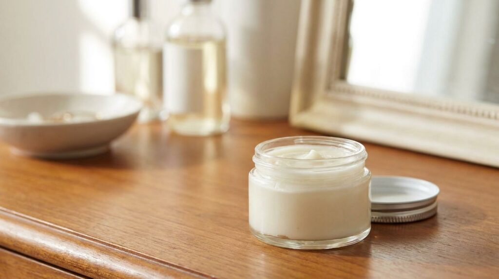 A small clear glass jar filled with the prepared creamy Vaseline and baby oil mix ready for use positioned on a clean br