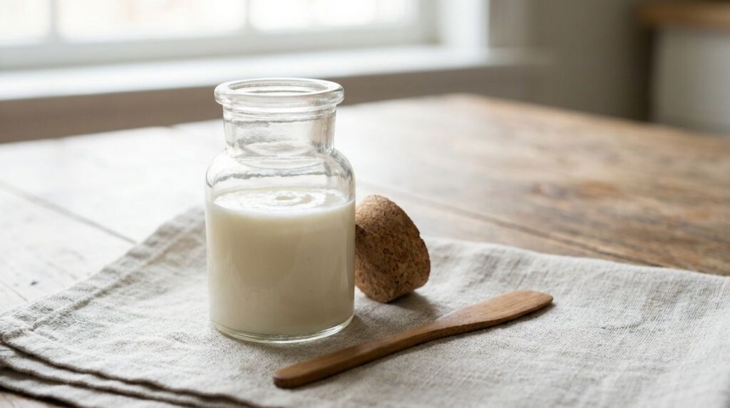 A close-up of a small glass jar filled with the freshly mixed Vaseline baby oil and rice flour blend The mix has a smoot