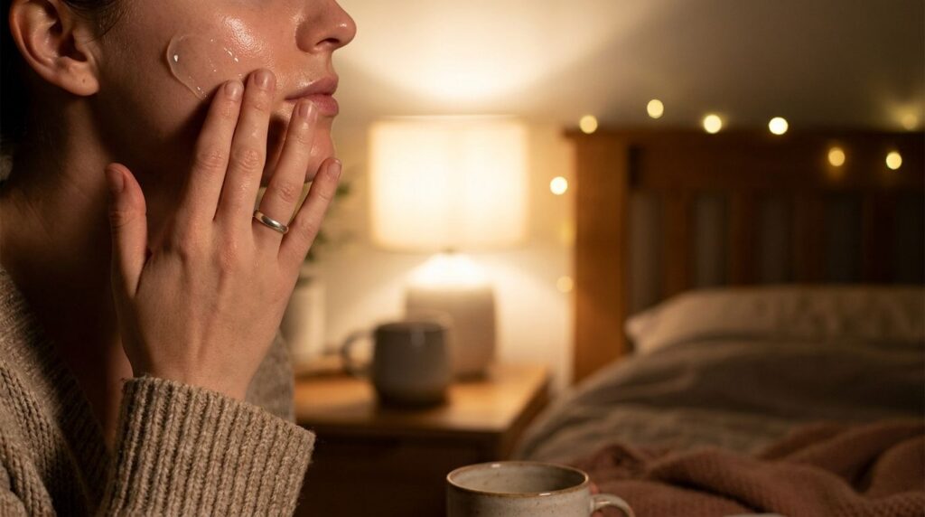 A person gently applying a clear gel to their face at night perhaps with fingertips showing a close-up of their radiant