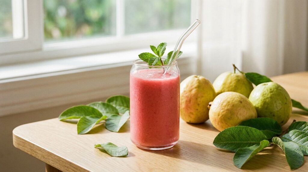 A fresh vibrant guava smoothie in a glass with a straw garnished with mint next to whole guavas and guava leaves