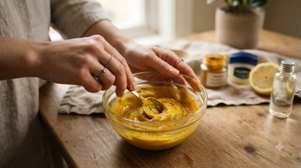 Close-up of hands mixing Vaseline yellow turmeric powder and lemon juice with baby oil in a small glass bowl using a spo
