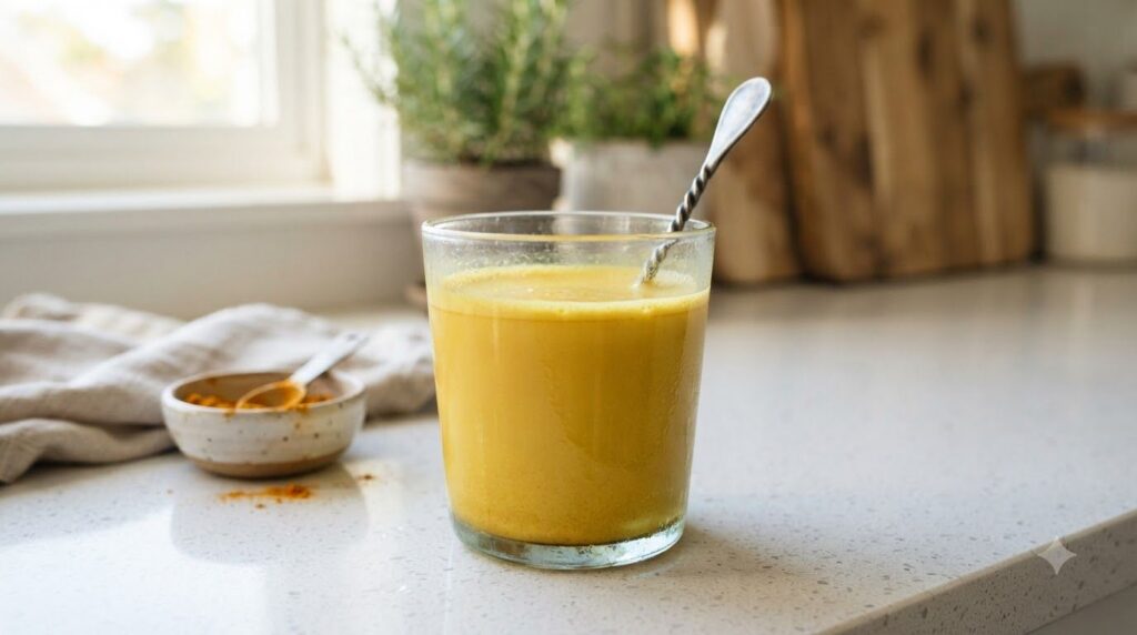 A glass of vibrant yellow smoothie or warm water with the golden powder mixed in showcasing the daily spoonful being con