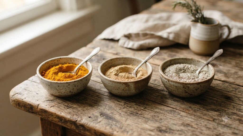 Three small bowls containing turmeric powder amla powder and ground chia seeds with a small spoon next to each ready to 