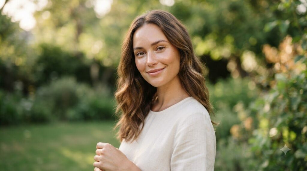 A woman with a glowing healthy-looking complexion smiling gently perhaps with soft natural makeup showcasing smooth and 