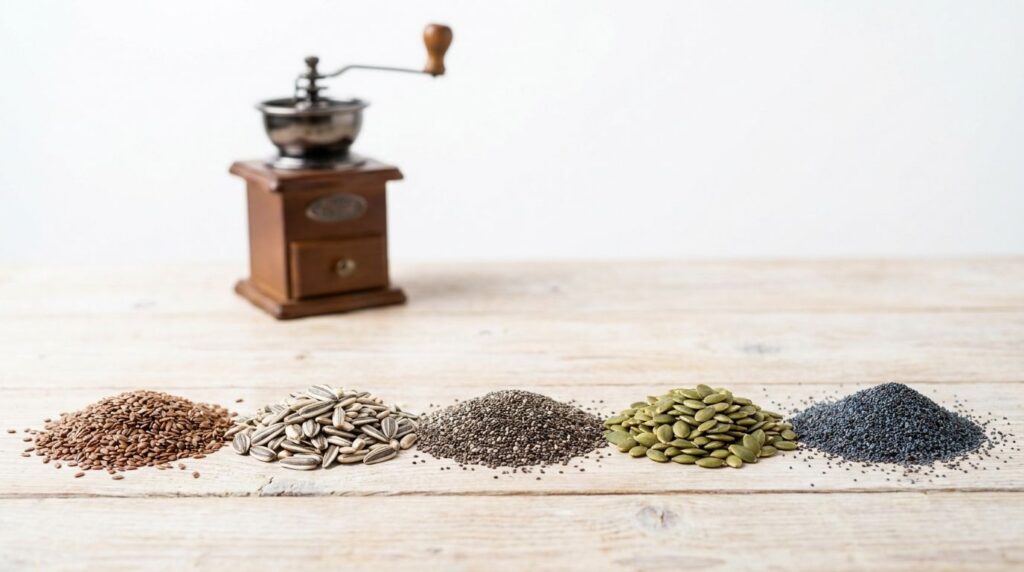 Various organic seeds like flaxseeds sunflower seeds chia seeds pumpkin seeds and poppy seeds laid out on a wooden table