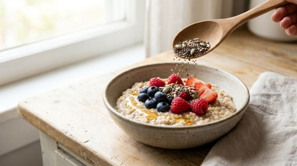 A tablespoon of the mixed seed blend being sprinkled over a bowl of oatmeal with fresh berries highlighting a healthy br