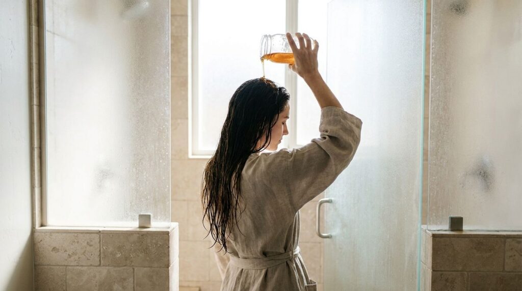 A woman gently pouring the onion peel hair rinse over her dark hair in the shower