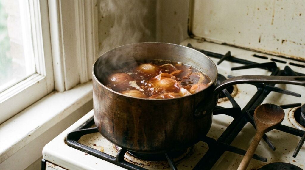 A pot of dark simmering liquid with onion peels creating the hair rinse
