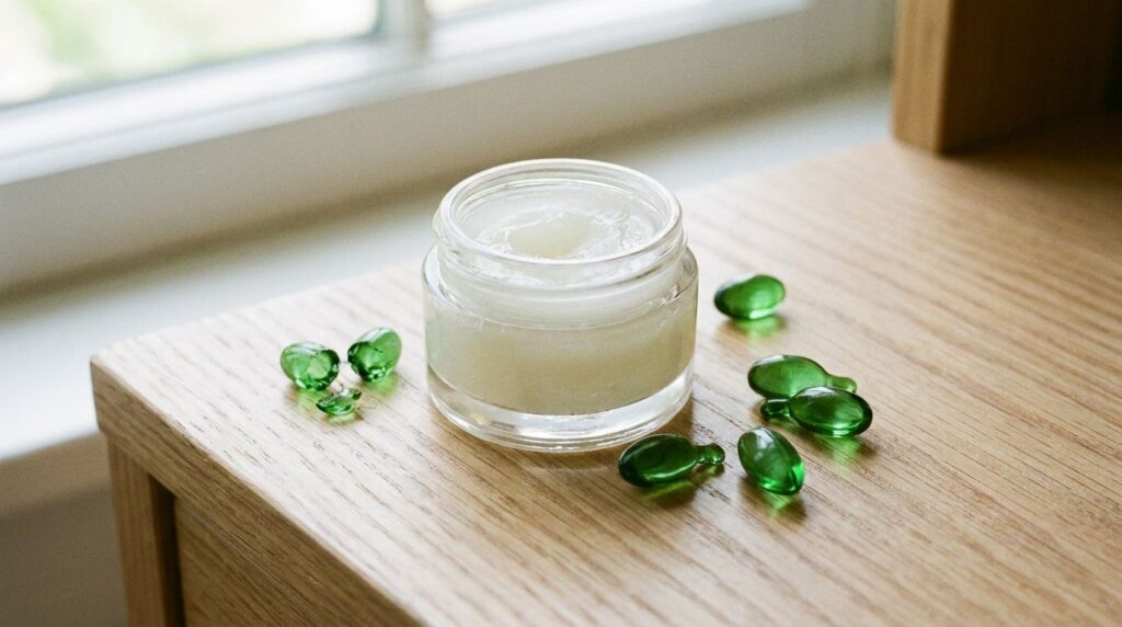 Small glass jar filled with the prepared Vaseline and Vitamin E balm next to a few loose green Vitamin E capsules