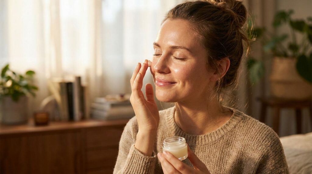 A woman gently applying a small amount of balm to her face focusing on areas prone to dryness or fine lines with a soft 