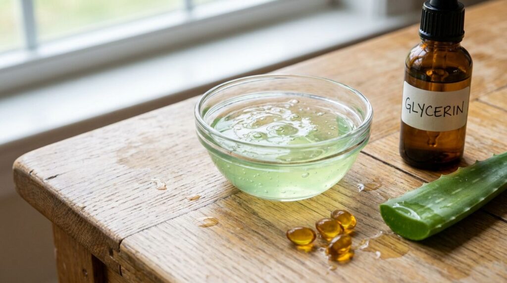 Close-up of a small bowl with freshly mixed aloe vera night gel with its three simple ingredients aloe vera leaf gel vit