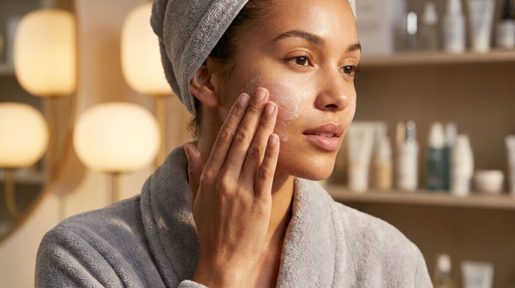 A woman gently massaging a small amount of the Vaseline and Vitamin E mixture onto her clean face at night with a soft w
