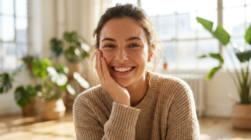A person smiling and touching their glowing radiant skin looking confident and happy possibly after a skincare routine