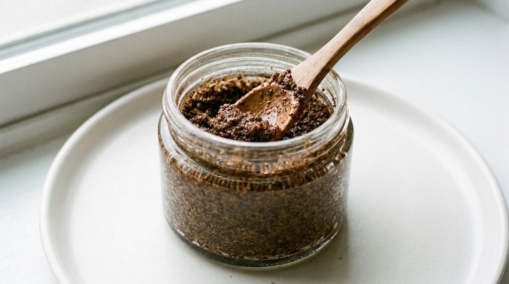 A close-up of a small glass jar filled with the homemade coffee and baby oil scrub with a tiny wooden spoon resting in i
