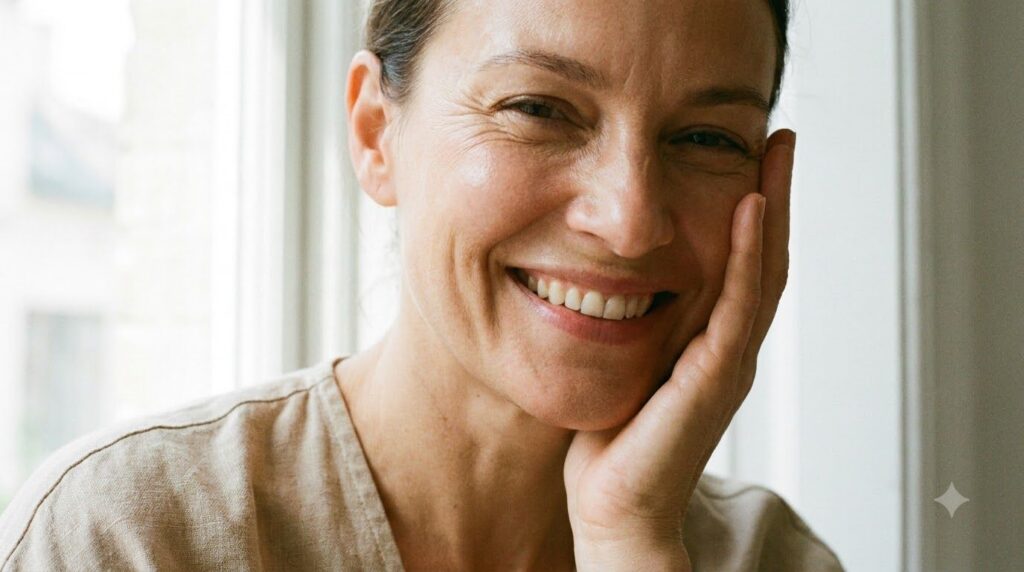 A woman smiling touching her glowing smooth skin illustrating the results of the DIY scrub Her skin looks healthy and ra