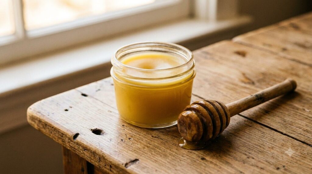 A close-up of a small glass jar containing a golden smooth homemade anti-aging gel with a dipper surrounded by fresh hon