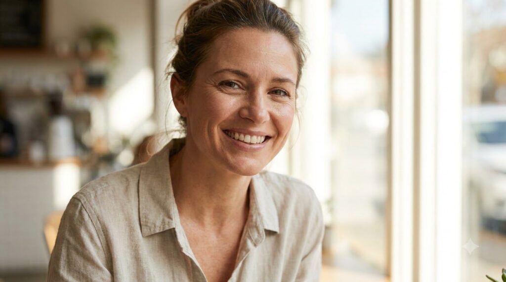 A woman with radiant clear and glowing skin smiling confidently illustrating the positive results of a consistent natura
