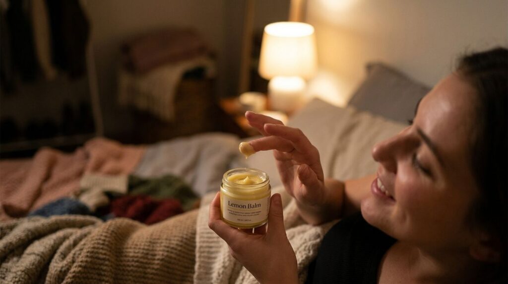 A hand gently applying a small amount of the Vaseline lemon mix to a woman s cheek at night with a soft warm glow