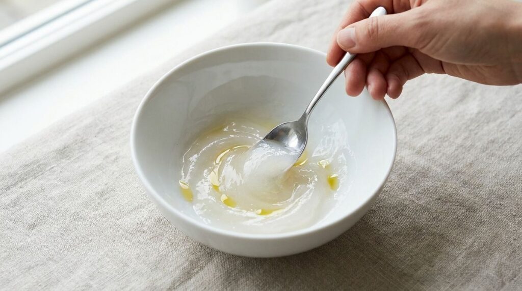 Close-up of a small bowl with Vaseline and lemon drops being mixed into a smooth paste