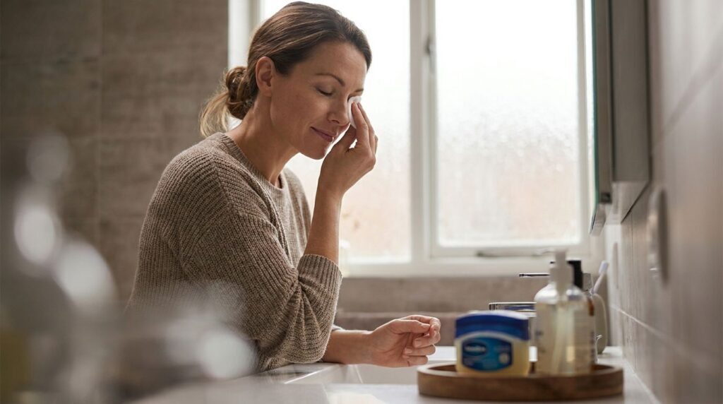 A woman gently removing eye makeup with a cotton pad and Vaseline looking refreshed