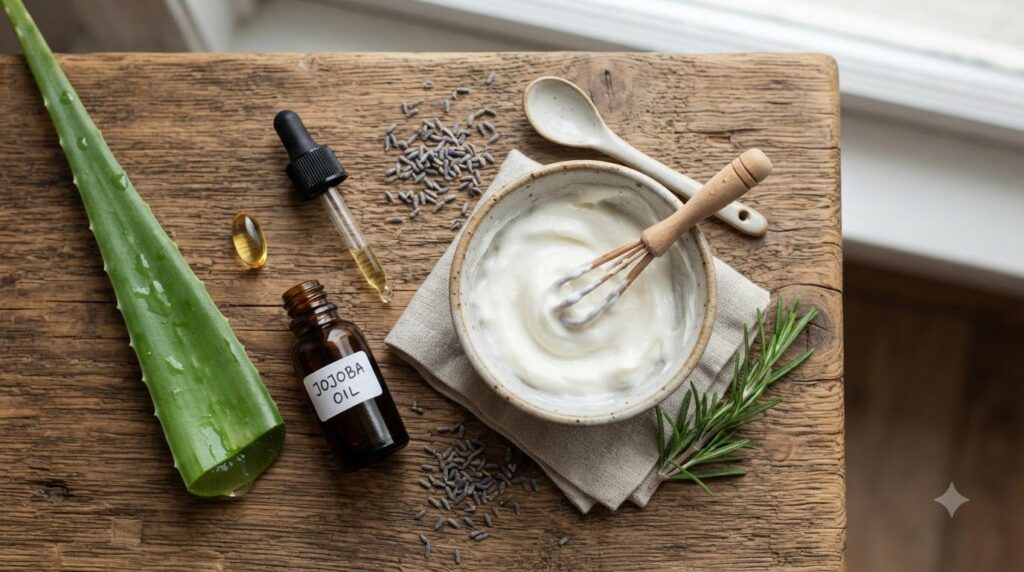Various natural ingredients for skincare including an aloe vera leaf a small bottle of jojoba oil and a bowl with a fres